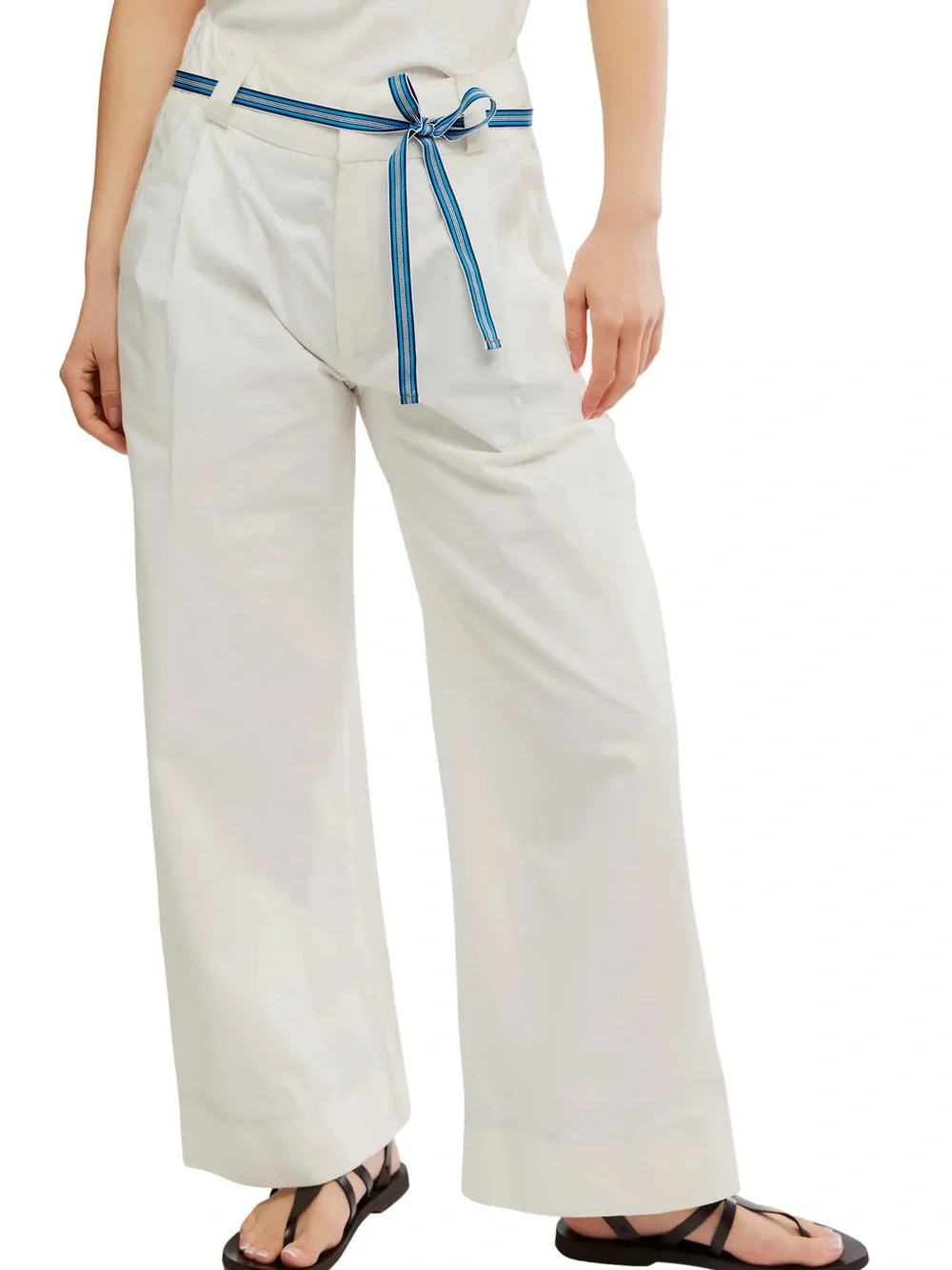 Free People White Wide-Leg Crop Pants with Blue Stripe Tie Belt